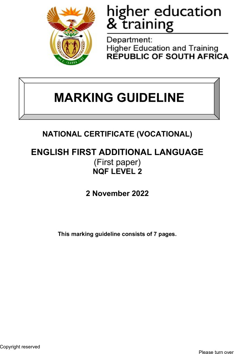 Nc1170 English First Additional Language L2 P1 Memo Nov 2022 Signed Off