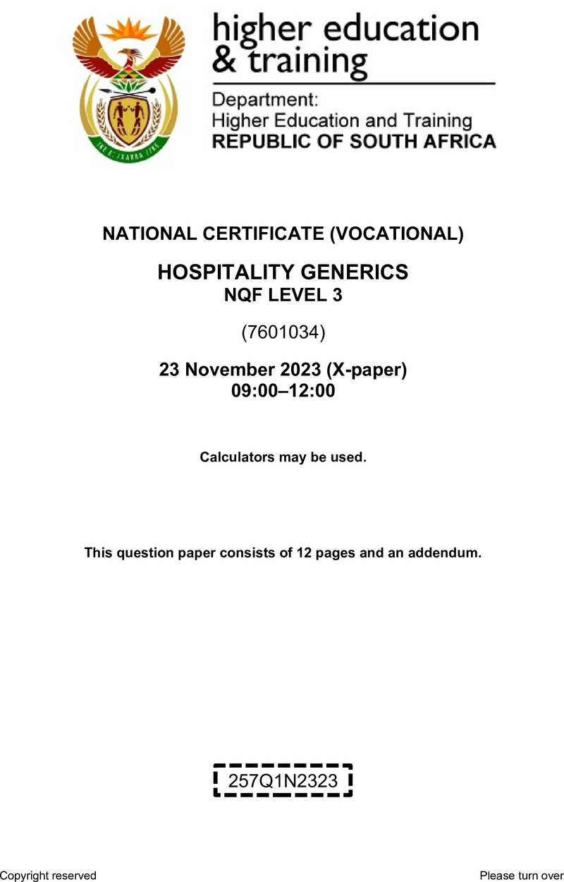 Nc1420 Hospitality Generics L3 QP Nov 2023