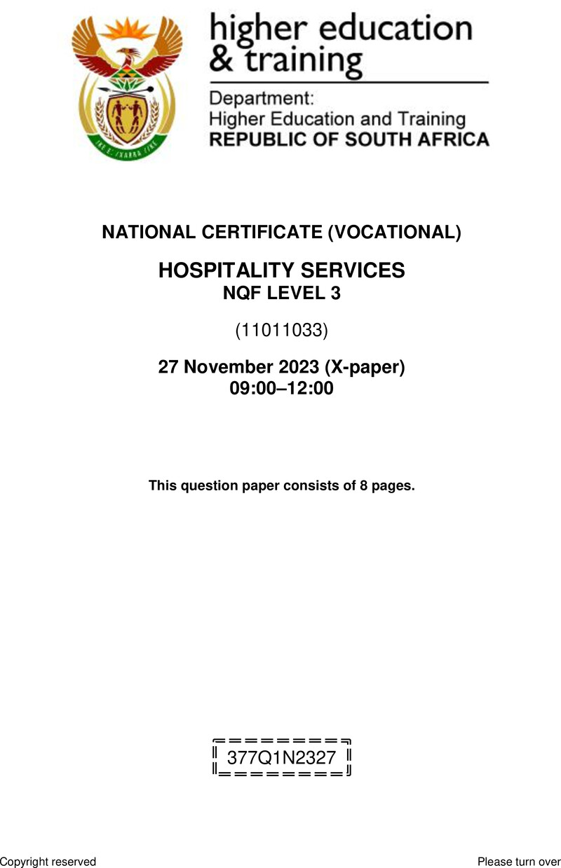 Nc1460 Hospitality Services L3 QP Nov 2023 Edited