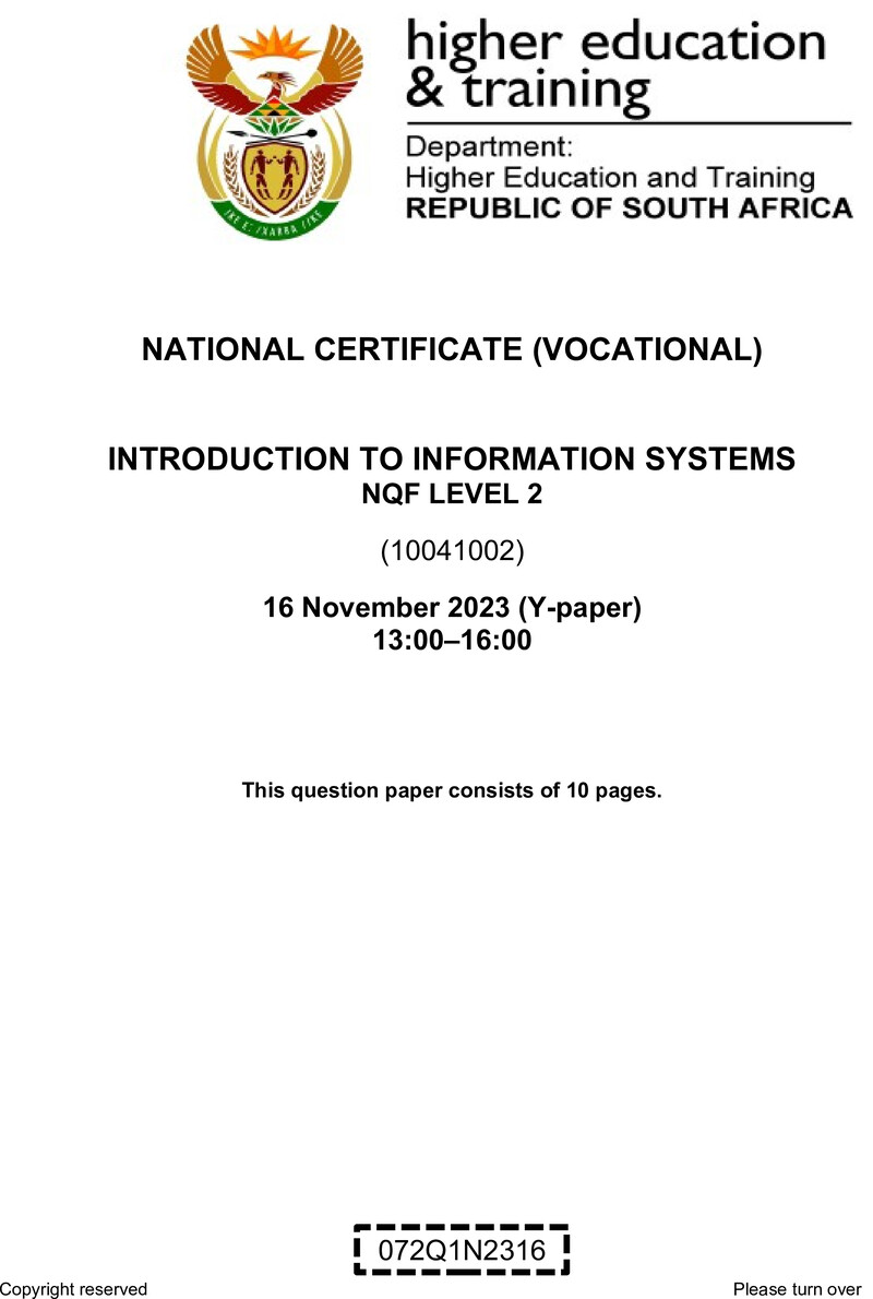 Nc1560 Introduction To Information Systems L2 QP Nov 2023 Pretorius