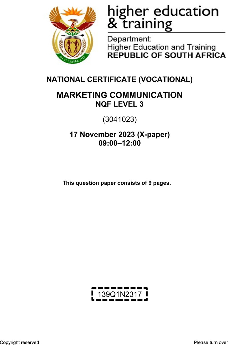 Marketing Communication L3 Nov QP 2023 preview