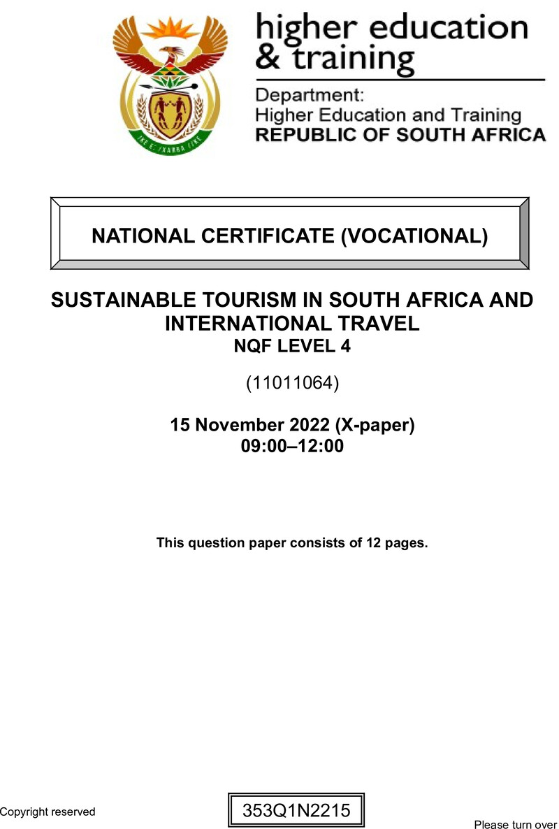 Nc2780 Sustainable Tourism In Sa And International Travel L4 QP Nov 20