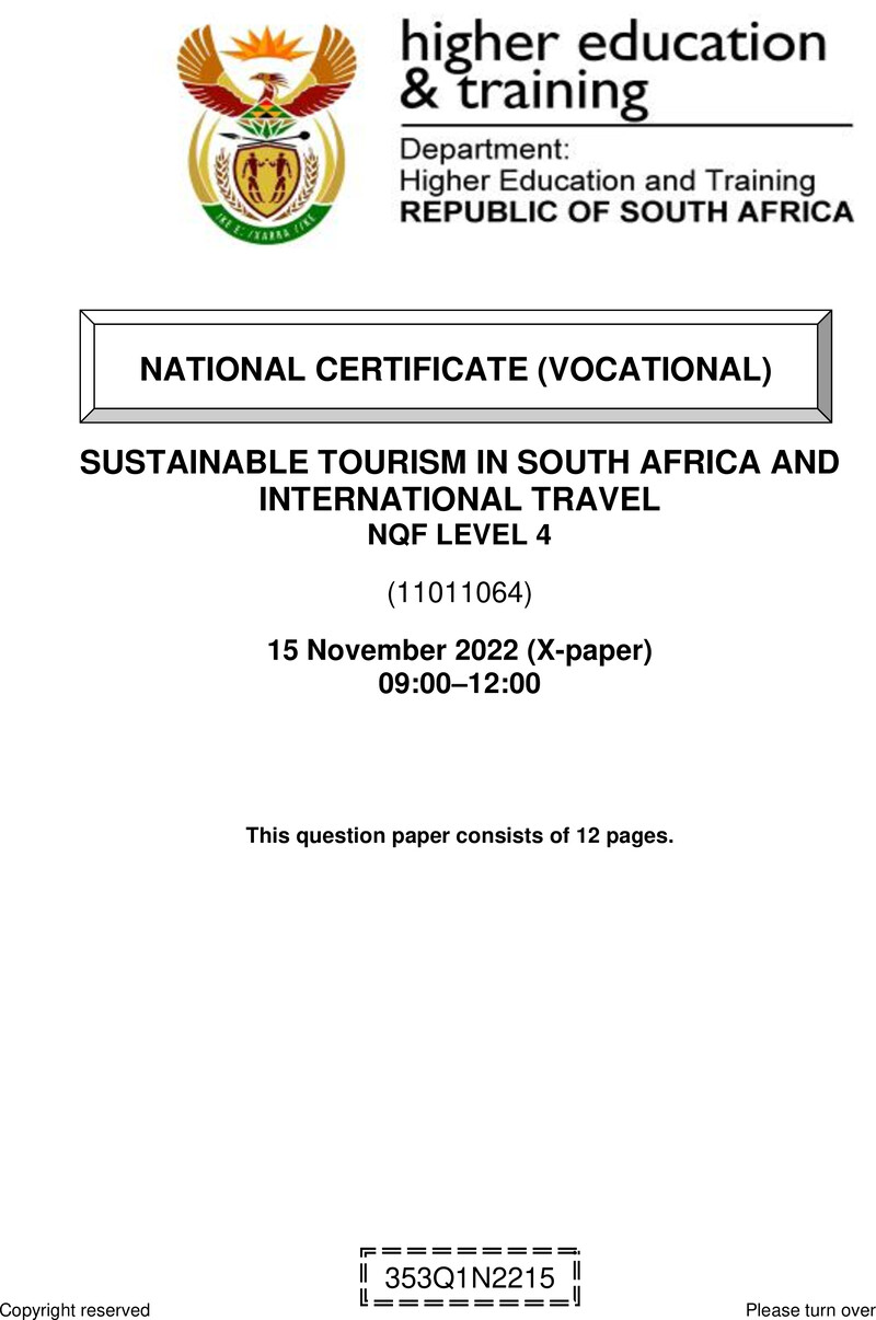 Nc2780 Sustainable Tourism In Sa And International Travel L4 QP Nov 2022
