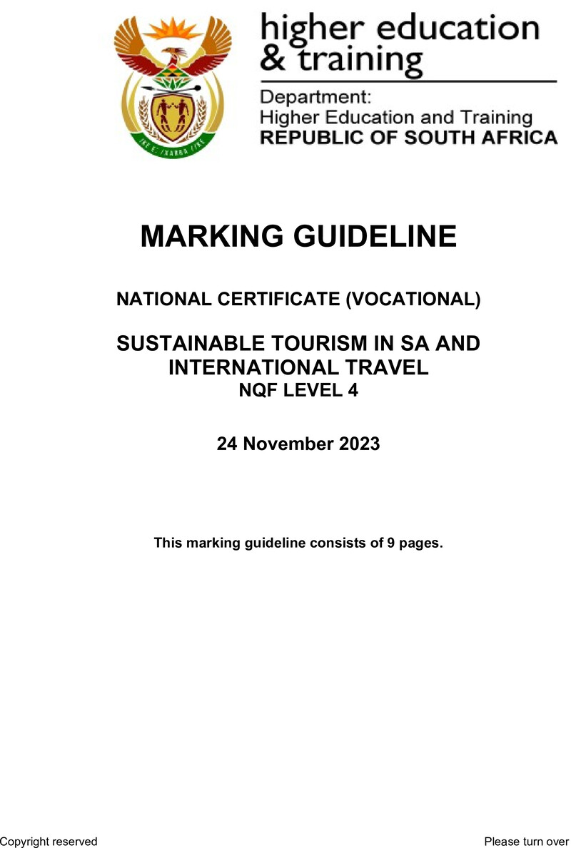 Nc2790 Sustainable Tourism In Sa And International Travel L4 Nov Memo 2023 Signed Off