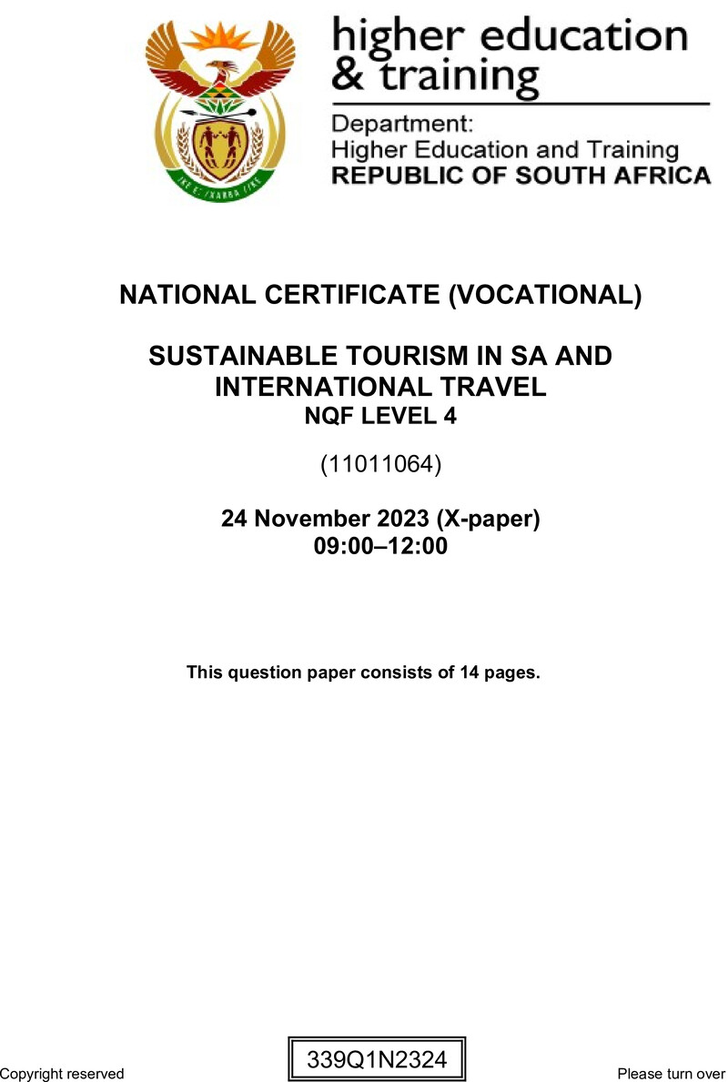 Nc2790 Sustainable Tourism In Sa And International Travel L4 Nov QP 2023 Signed Off