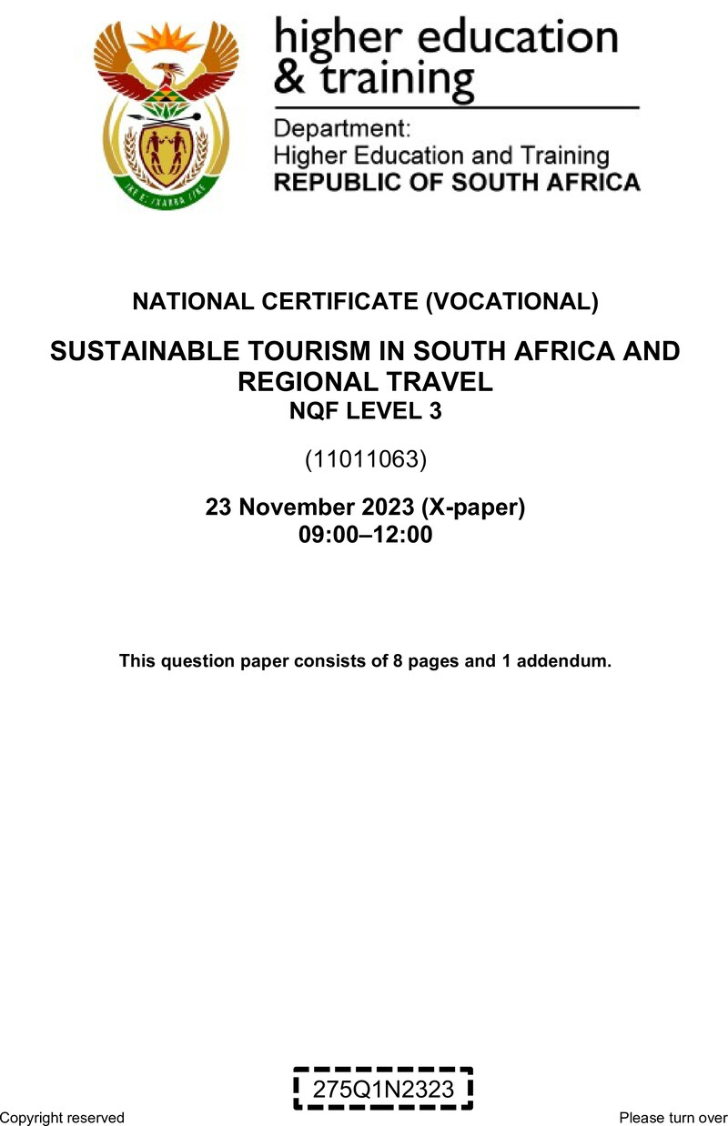Nc2780 Sustainable Tourism In South Africa And Regional Travel L3 QP Nov 2023