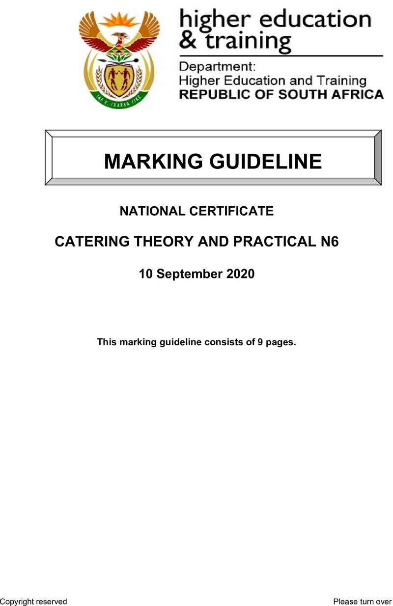 N10 Catering Theory And Practical N6 Memo 2020