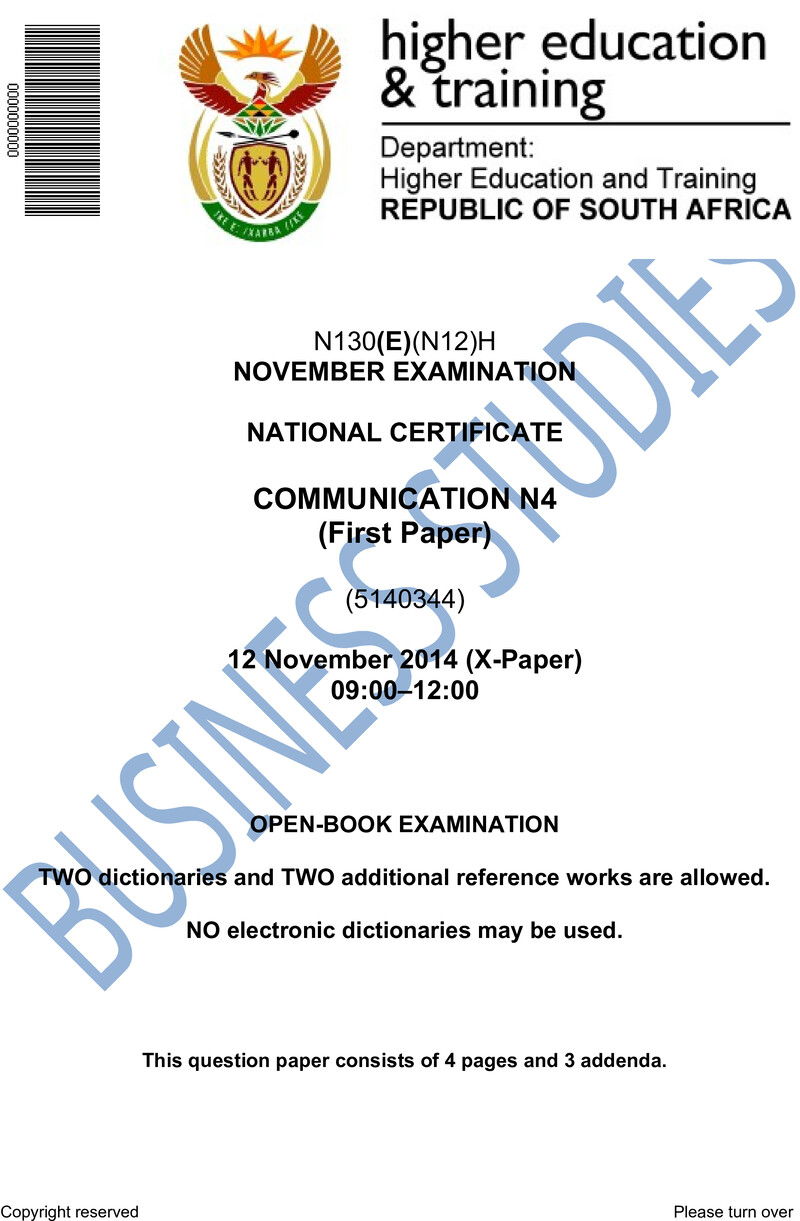 Communication N4 Paper 1 November Exam 2014