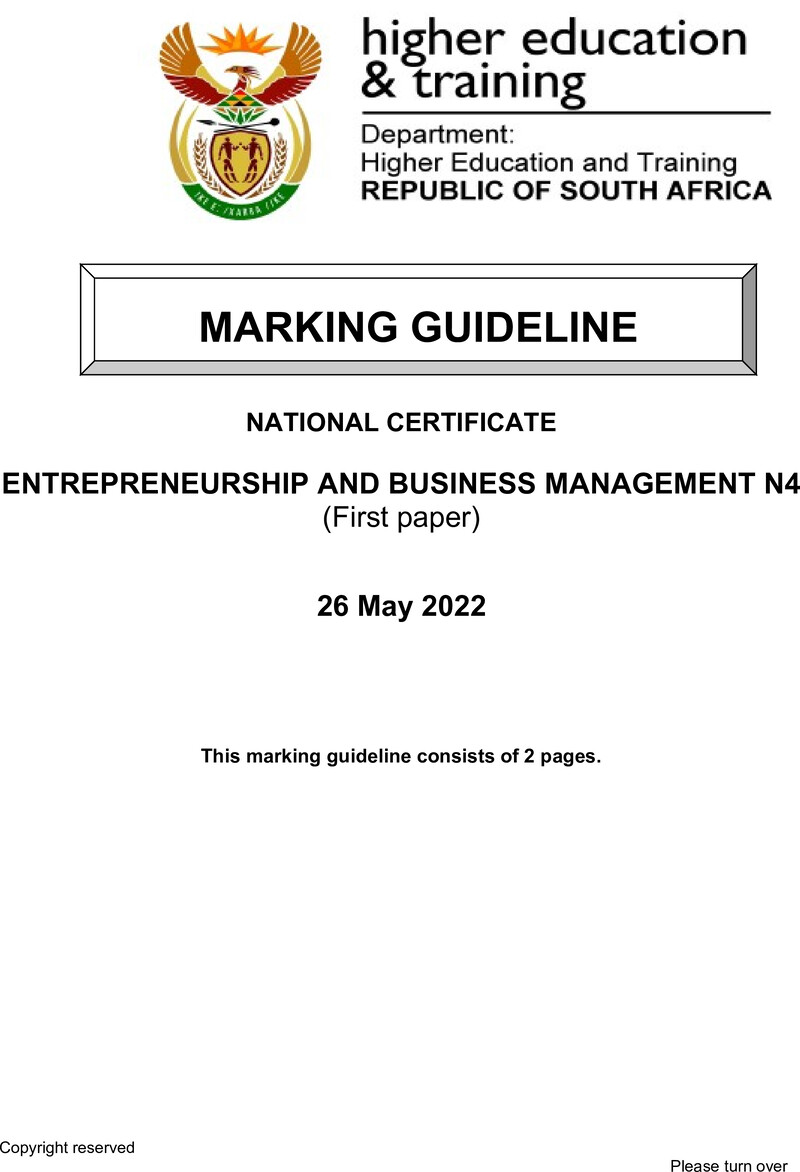 Entrepreneurship And Business Management N4 P1 Memo June 2022 Edited