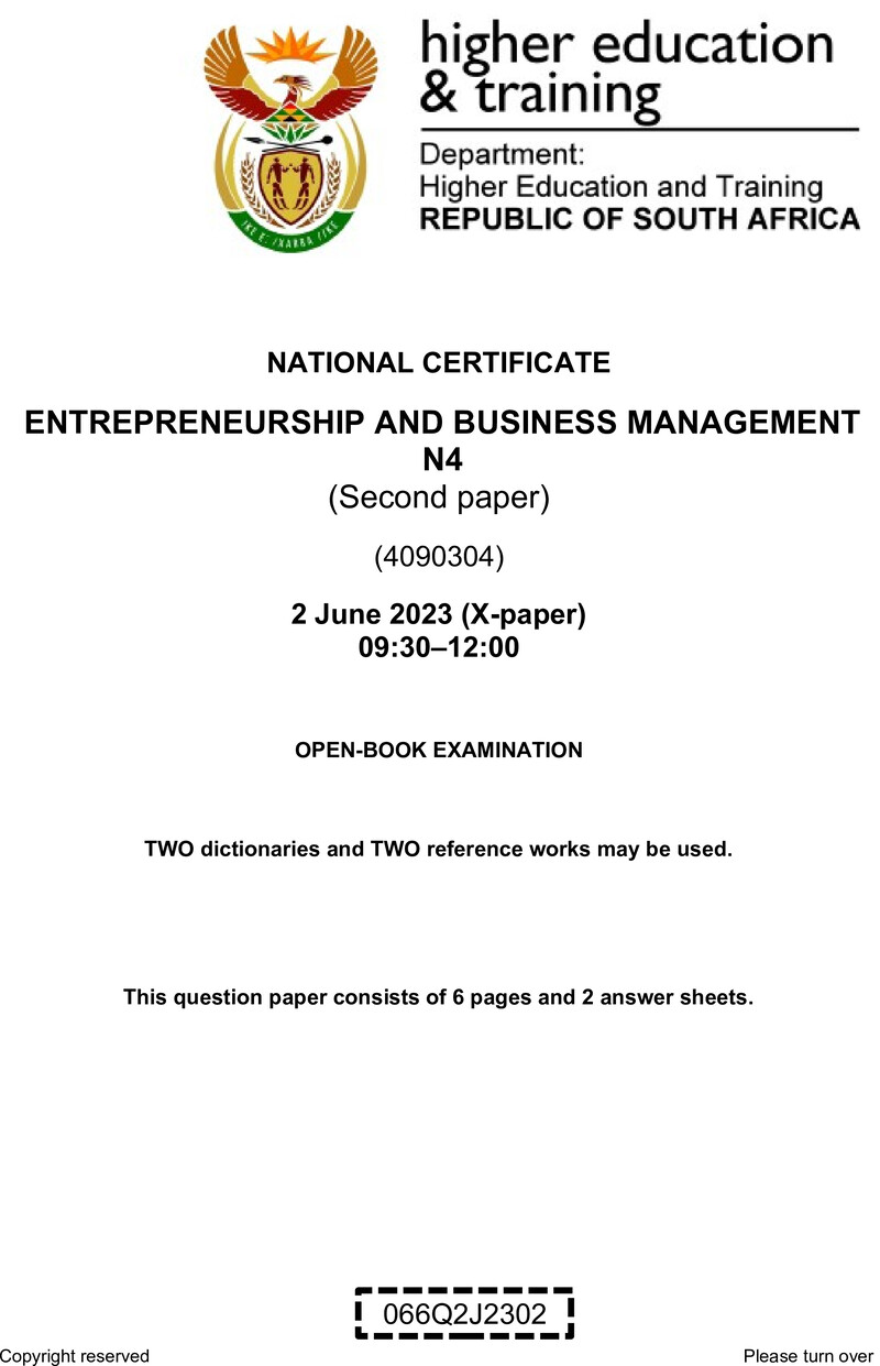 Entrepreneurship And Business Management N4 P2 QP June 2023 Van Zyl