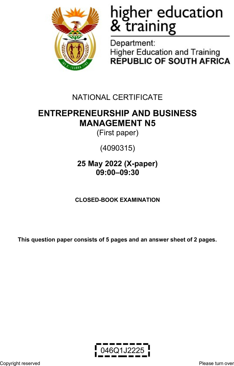 Entrepreneurship And Business Management N5 P1 QP June 2022 Watson