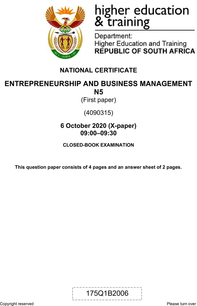Entrepreneurship And Business Management N5 P1 QP June 2020