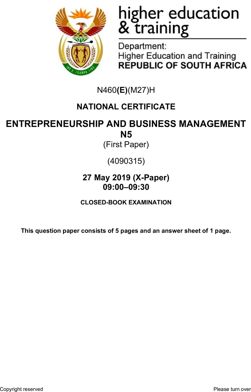 Entrepreneurship And Business Management N5 P1 QP June 2019