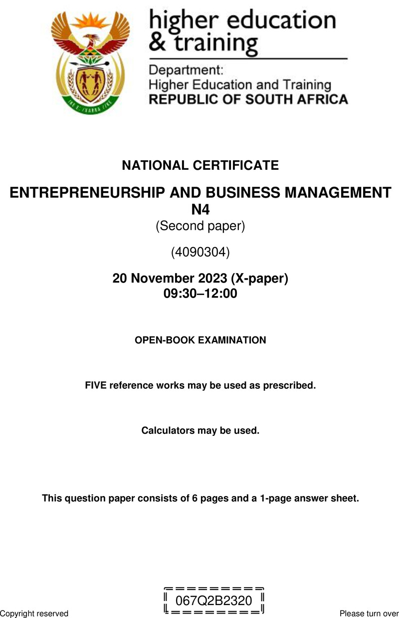 N450 Entrepreneurship And Business Management N4 QP P2 Nov 2023