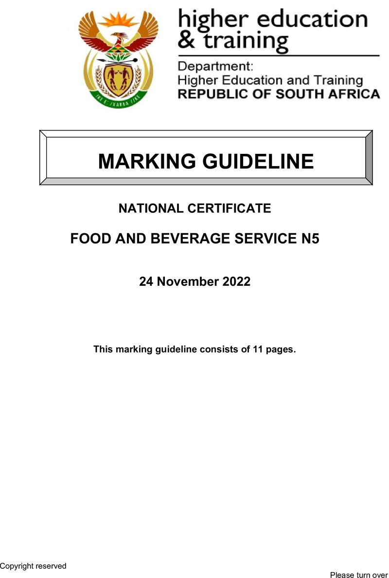 Food And Beverage Service N5 Memo Nov 2022