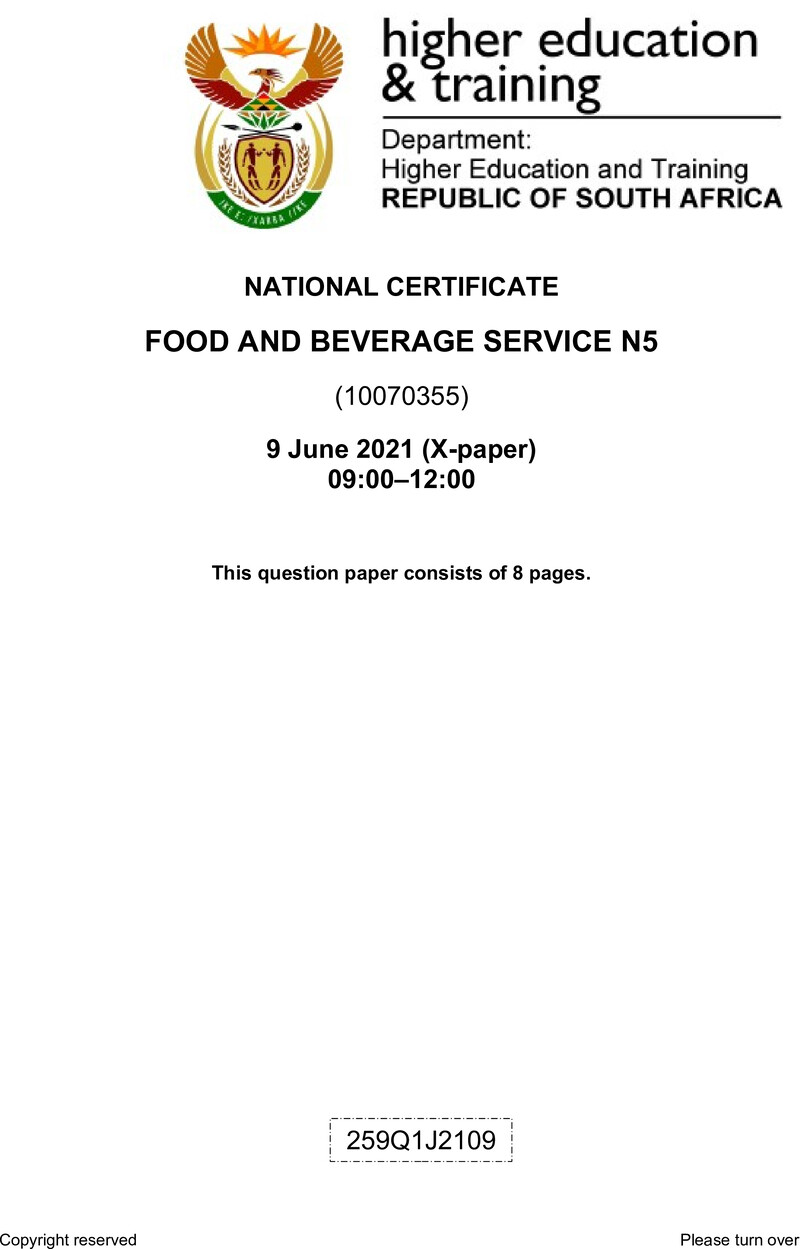 Food And Beverage Service N5 QP June 2021