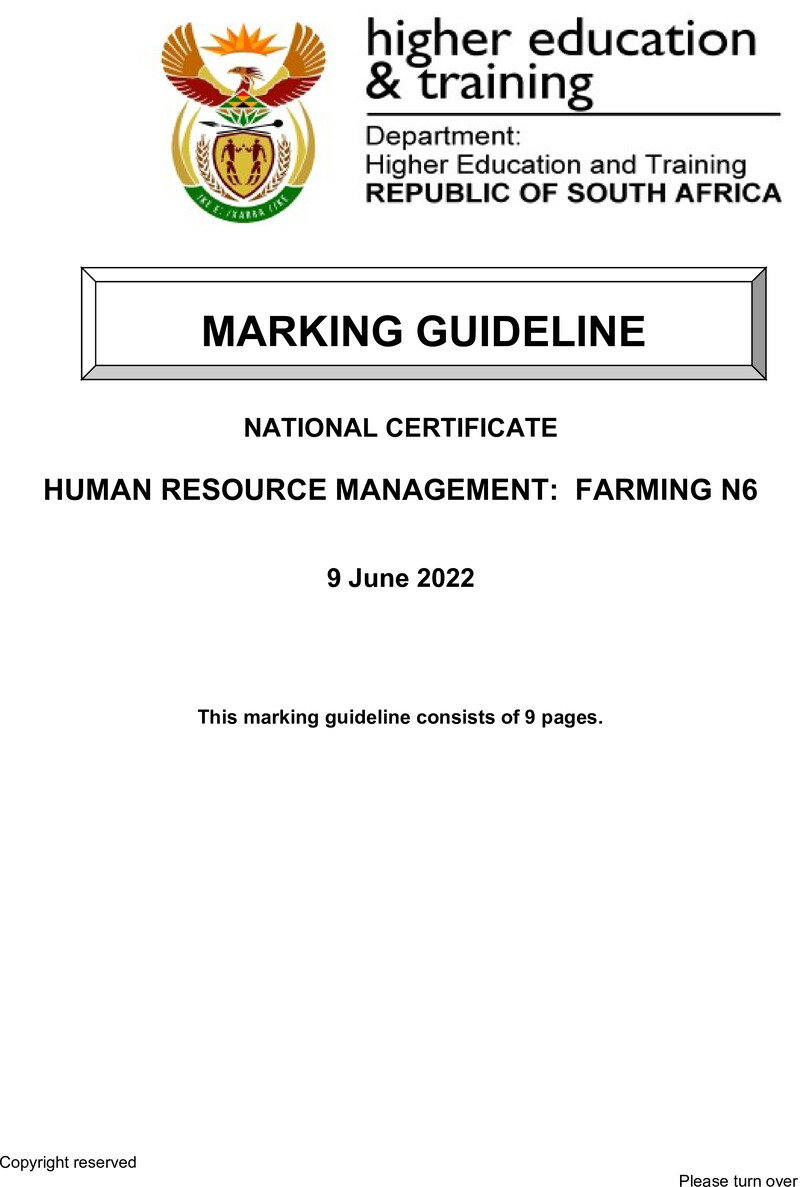 Human Resource Management Farming N6 Memo June 2022
