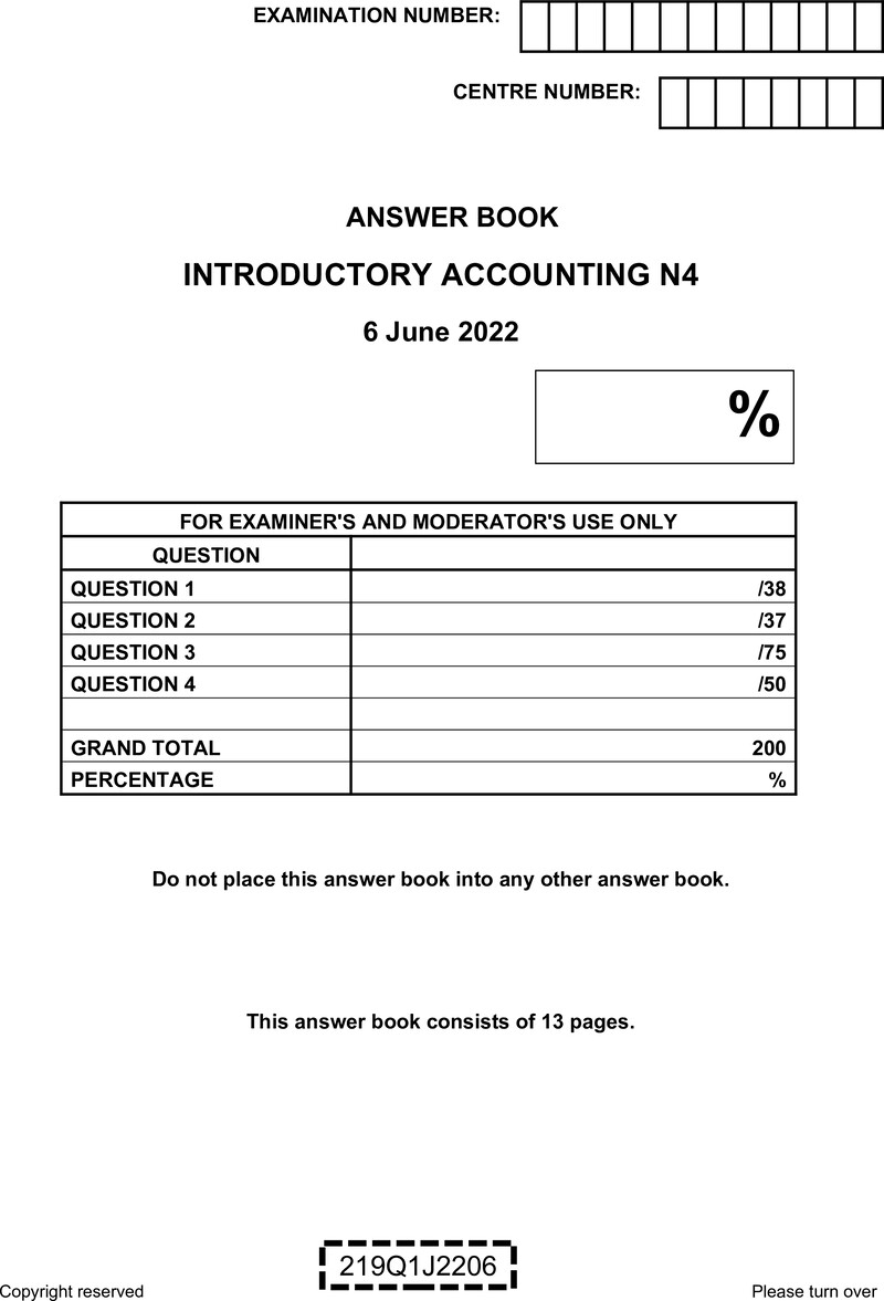 N750 Introductory Accounting N4 Answer Book June 2022