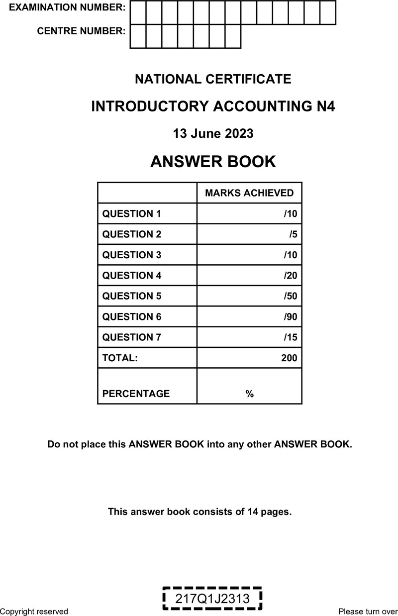 N750 Introductory Accounting N4 Answer Book June 2023