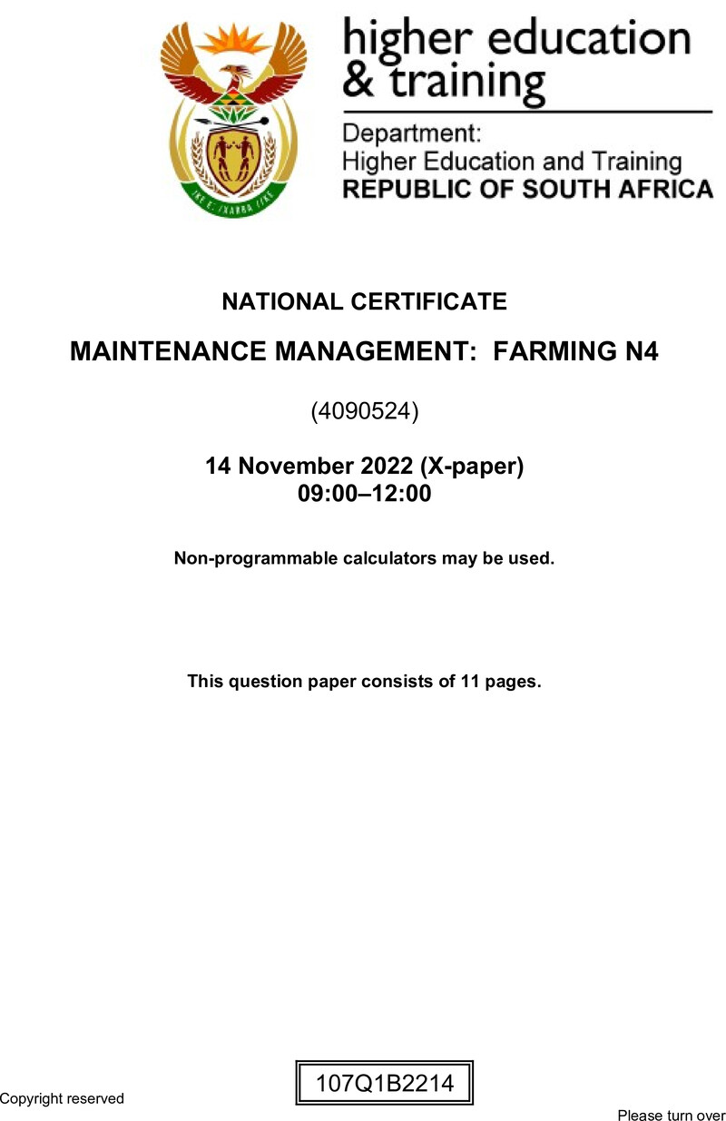 N1000 Maintenance Management Farming N4 QP Nov 2022 Edit Posthumus