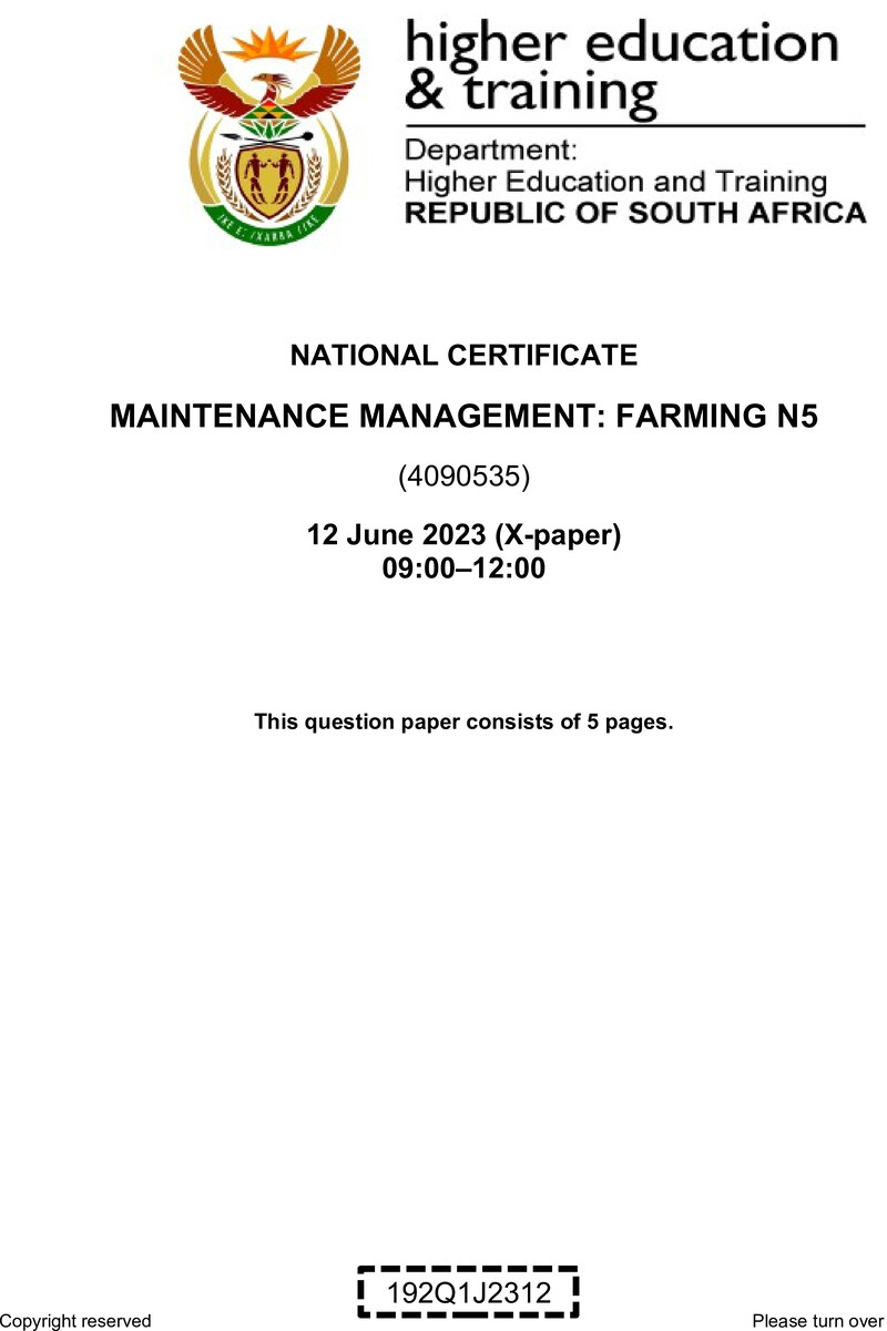 N1000 Maintenance Management Farming N5 June QP 2023 Watson