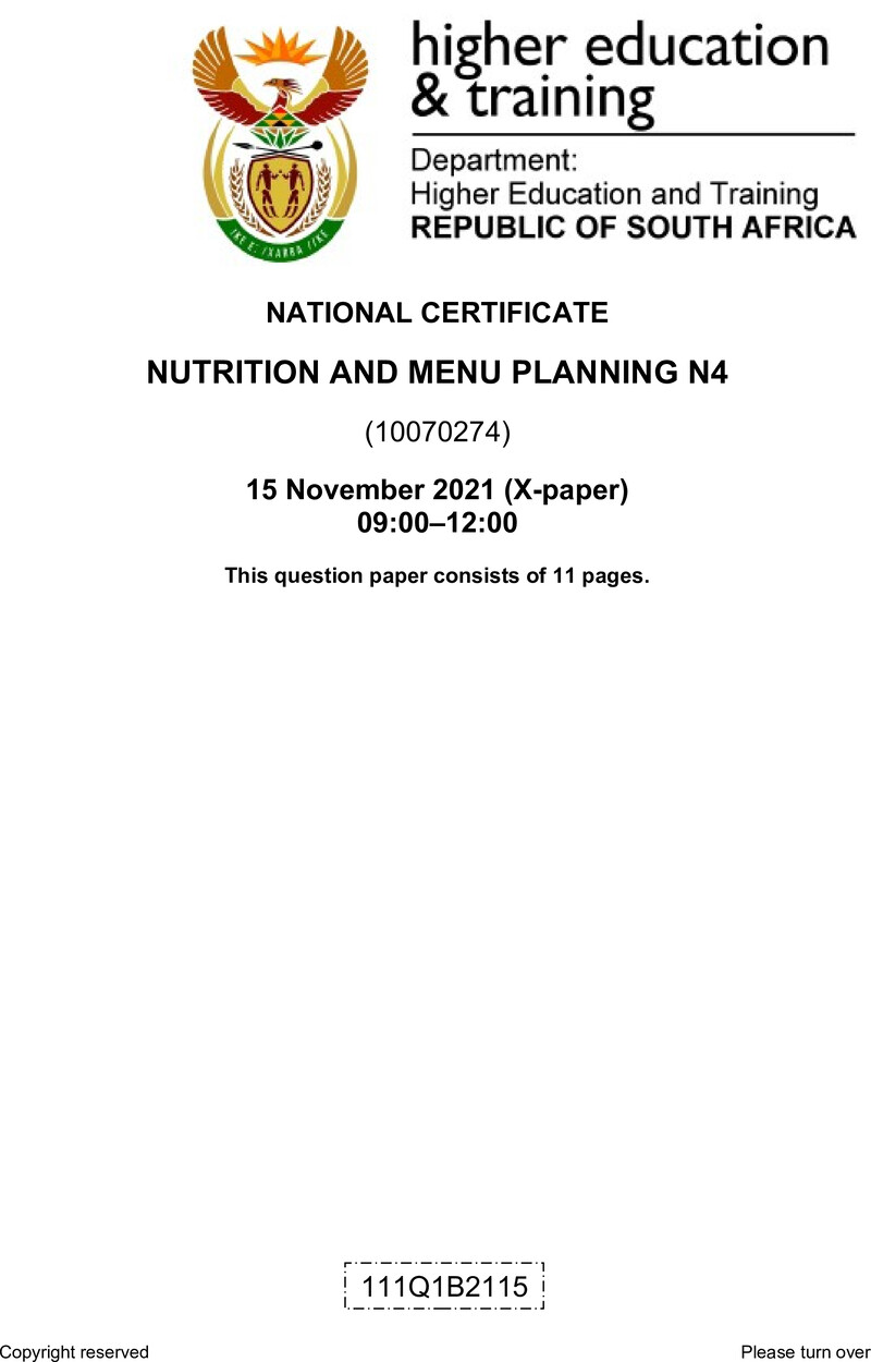 Nutrition And Menu Planning N4 Nov QP 2021