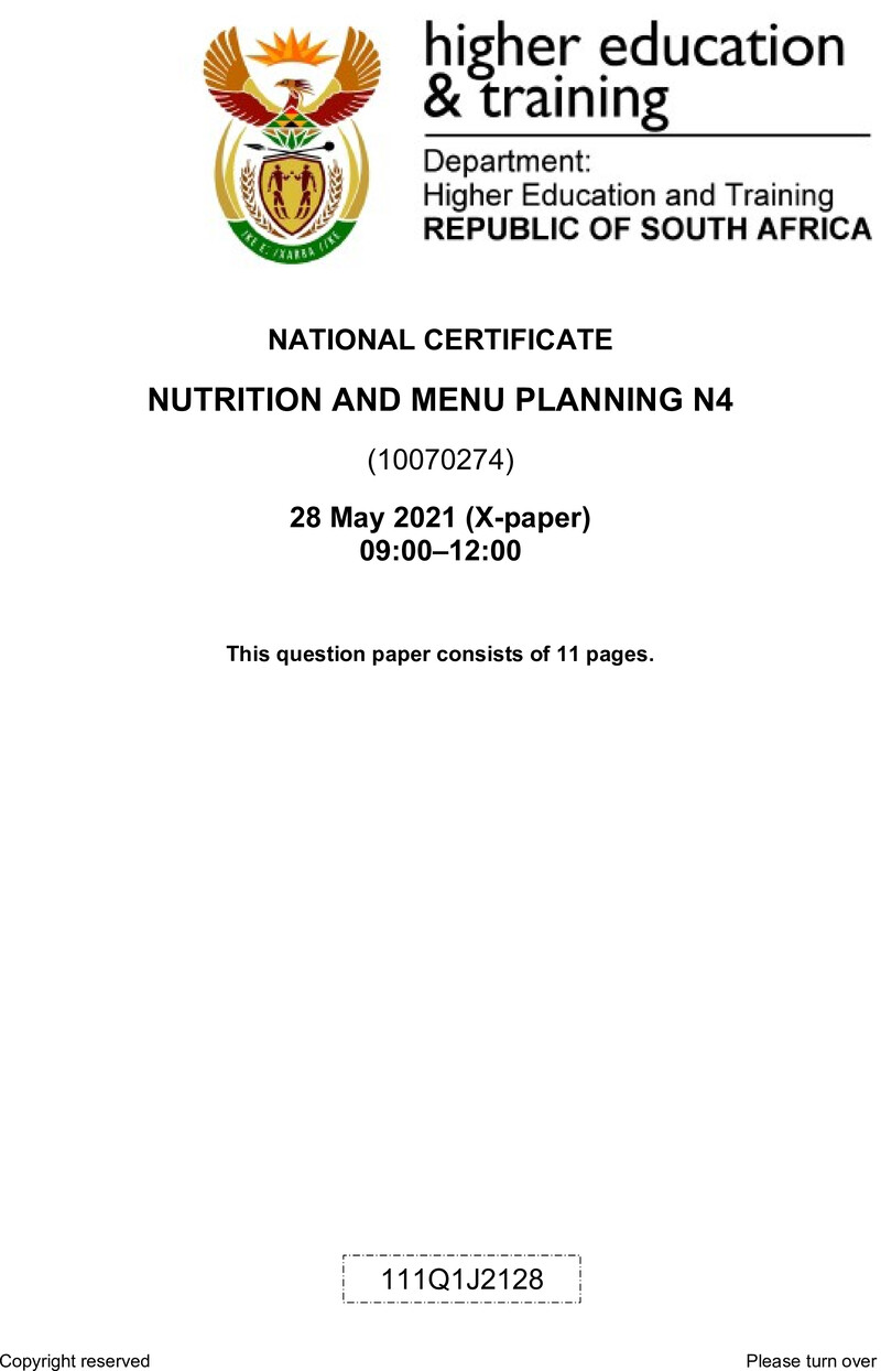 Nutrition And Menu Planning N4 QP June 2021 Ed
