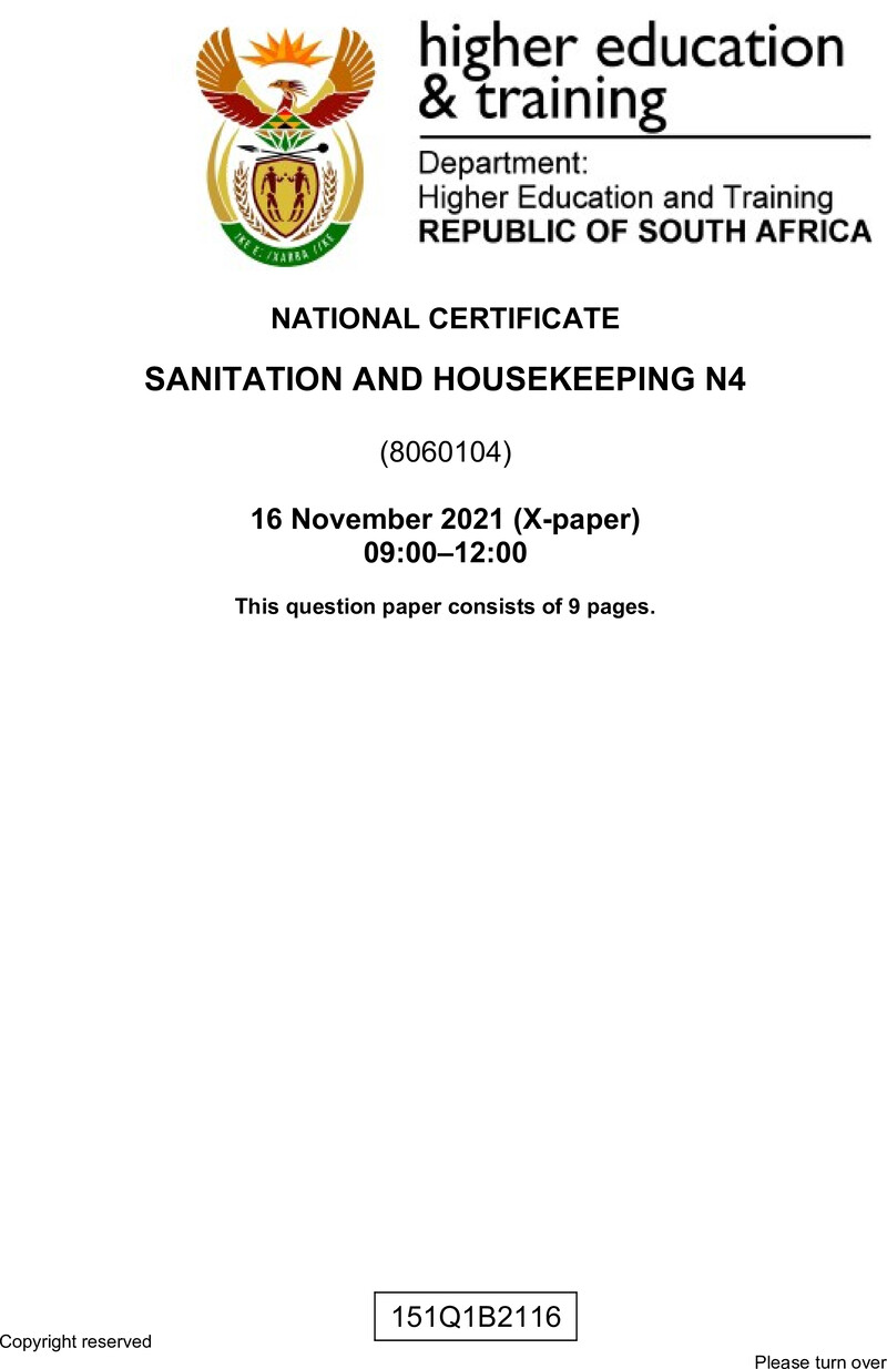 Sanitation And Housekeeping N4 QP Nov 2021