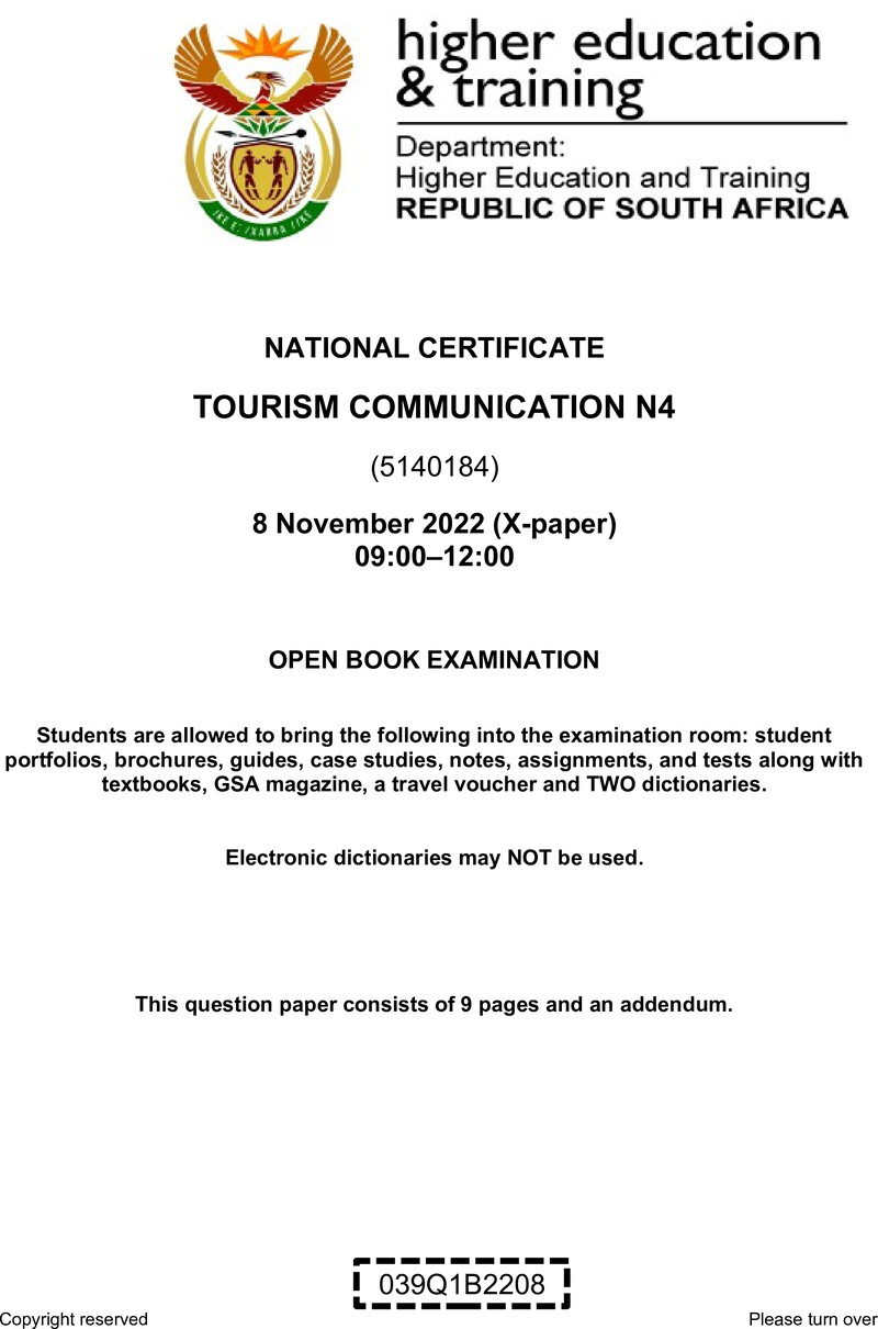 Tourism Communication N4 Nov QP 2022 Van Zyl E