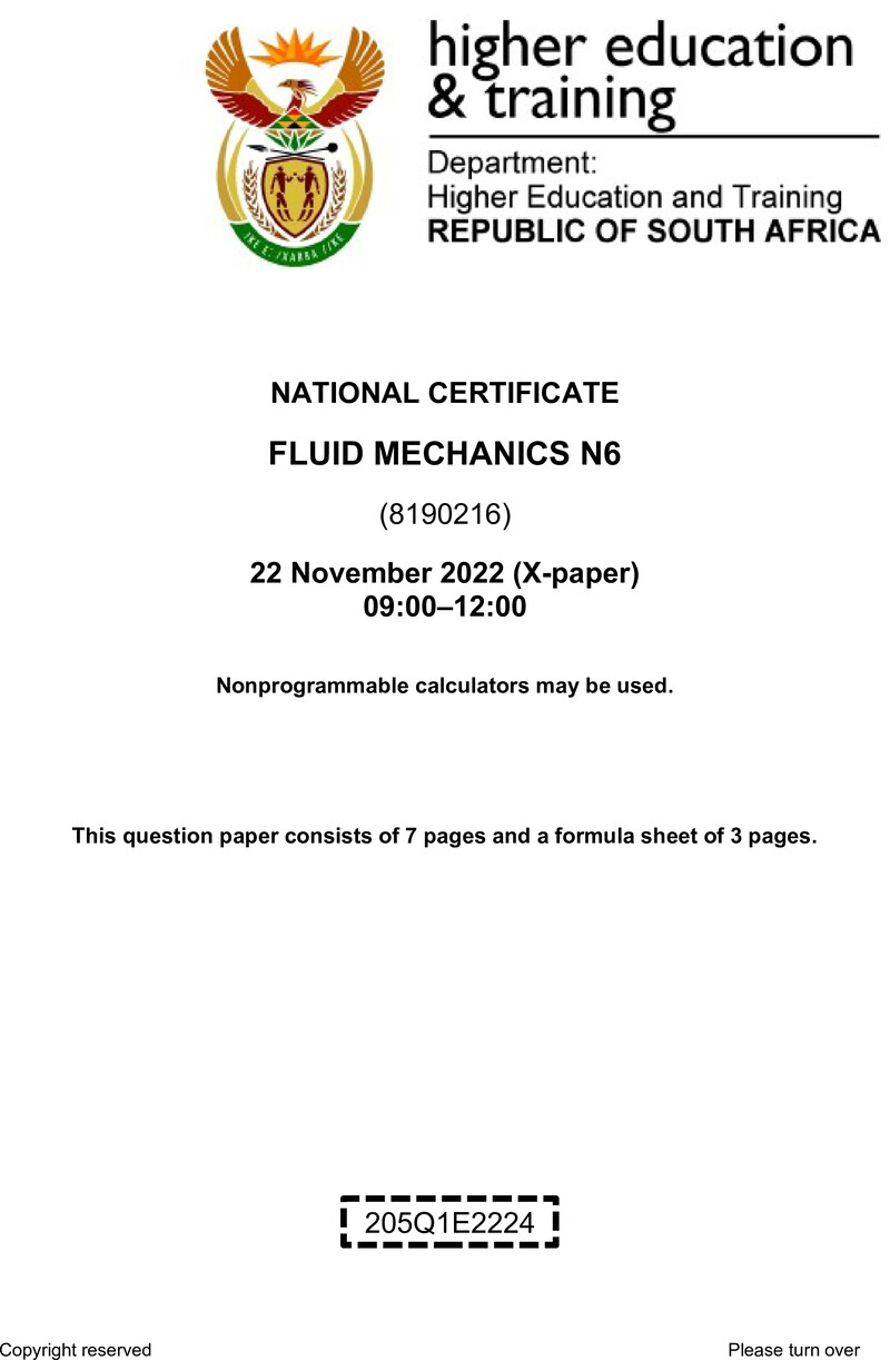 Fluid Mechanics N6 Nov QP 2022