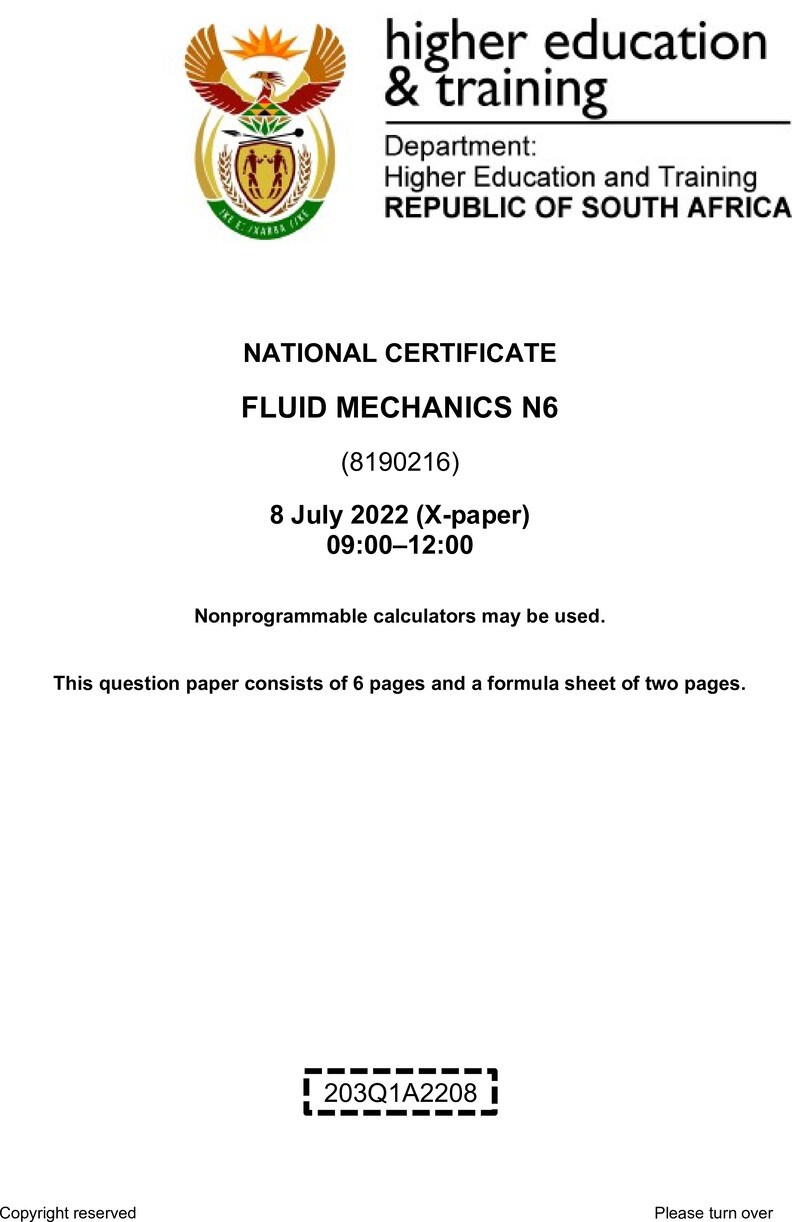 Fluid Mechanics N6 QP Aug 2022