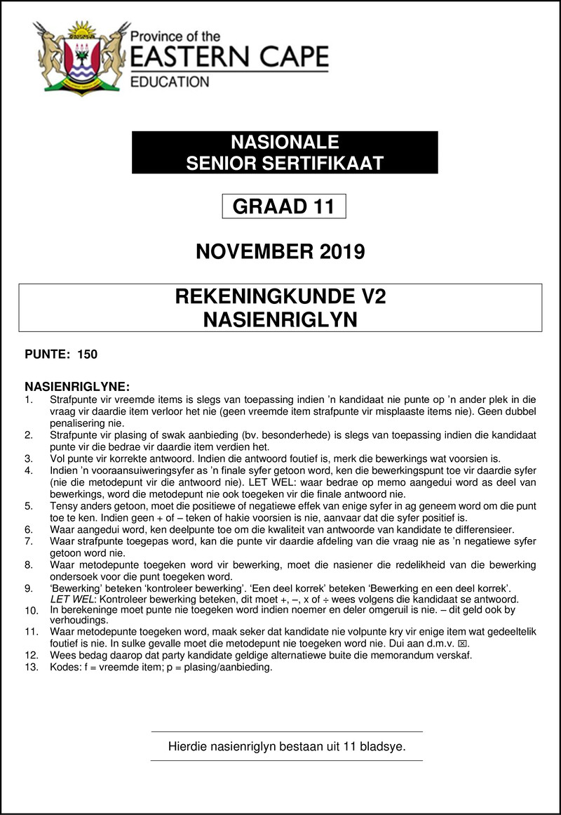 Grade 11 Rekeningkunde past paper 2019 – 2019 gr 11 accn p2 memo afr
