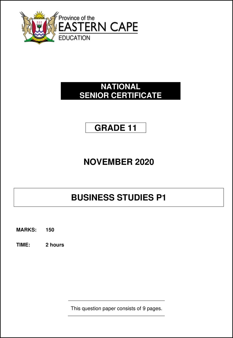 Bstd Grade 11 P1 QP 2020
