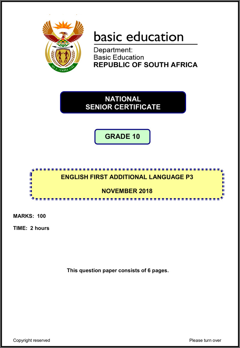 Grade 12 English past paper 2018 – eng fal p3 grade 10 nov 2018