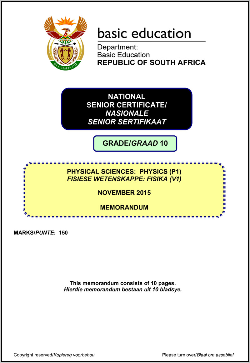 Physical Sciences P1 Grade 10 Nov 2015 Memo Afr Eng