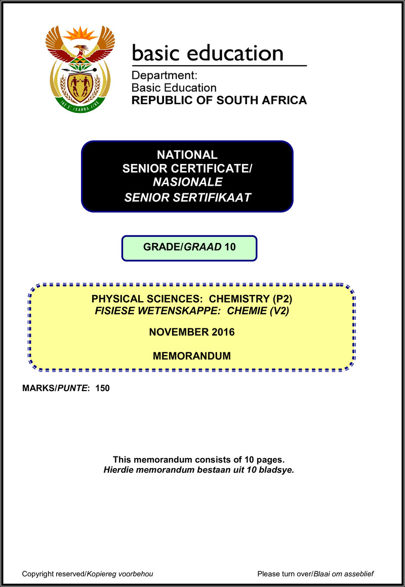 Physical Sciences P2 Grade 10 Nov 2016 Eng Afr Memo