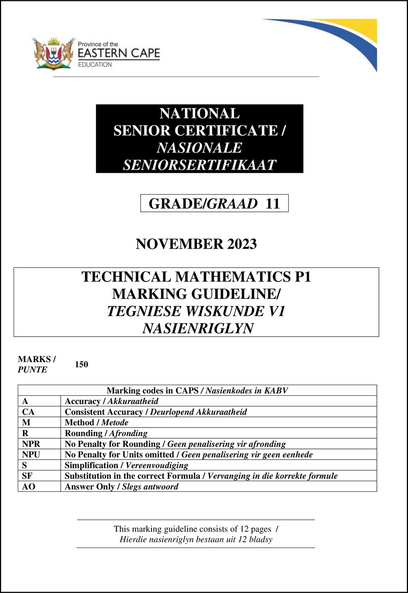 Tech Maths P1 Memo Gr11 Nov2023 Afr English