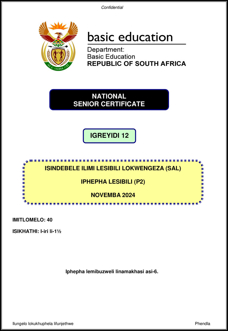 Grade 12 isiNdebele past paper 2024 – isindebele sal p2 nov 2024 gr12