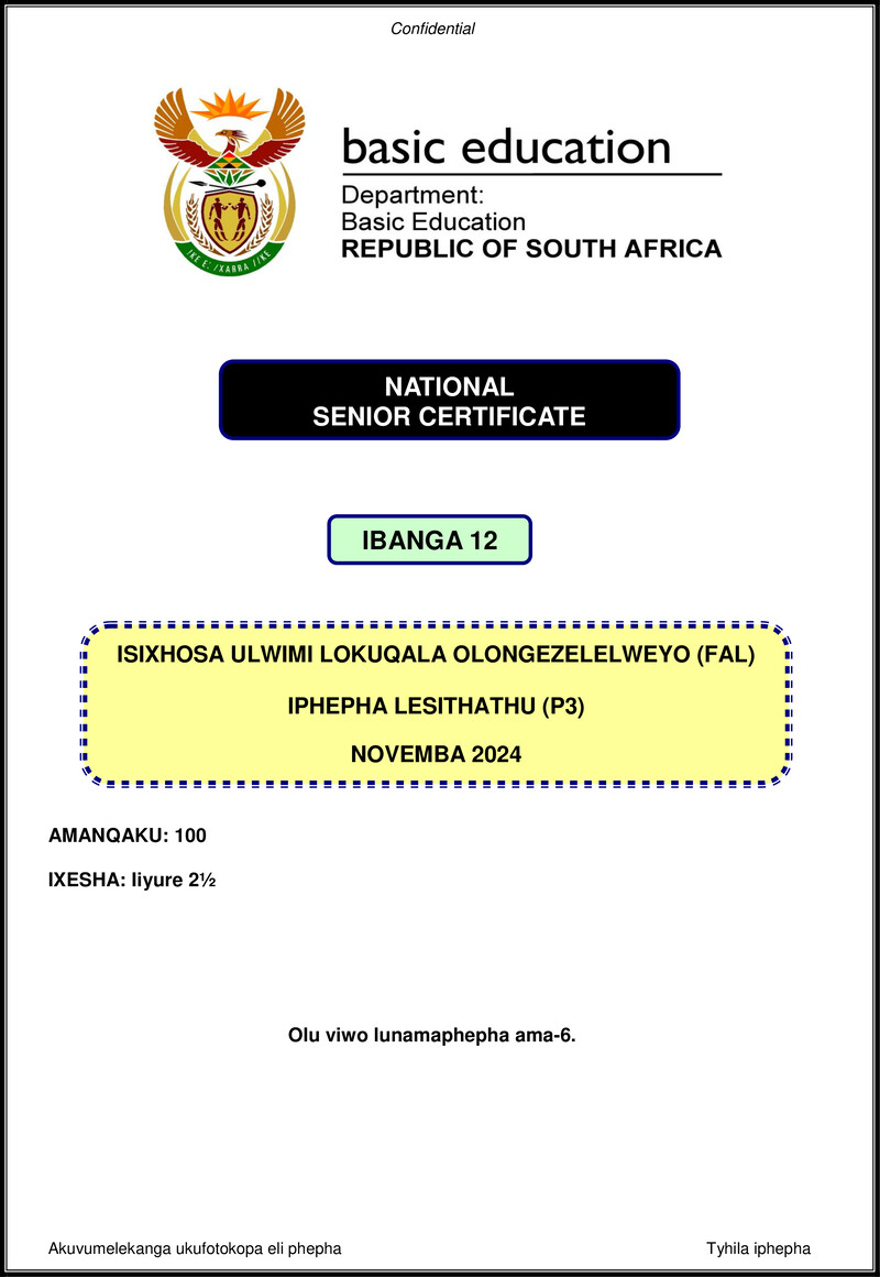 Grade 12 isiXhosa past paper 2024 – isixhosa fal p3 nov 2024 gr12