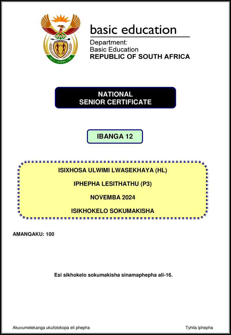 Isixhosa Hl P3 Nov 2024 Mg Gr12