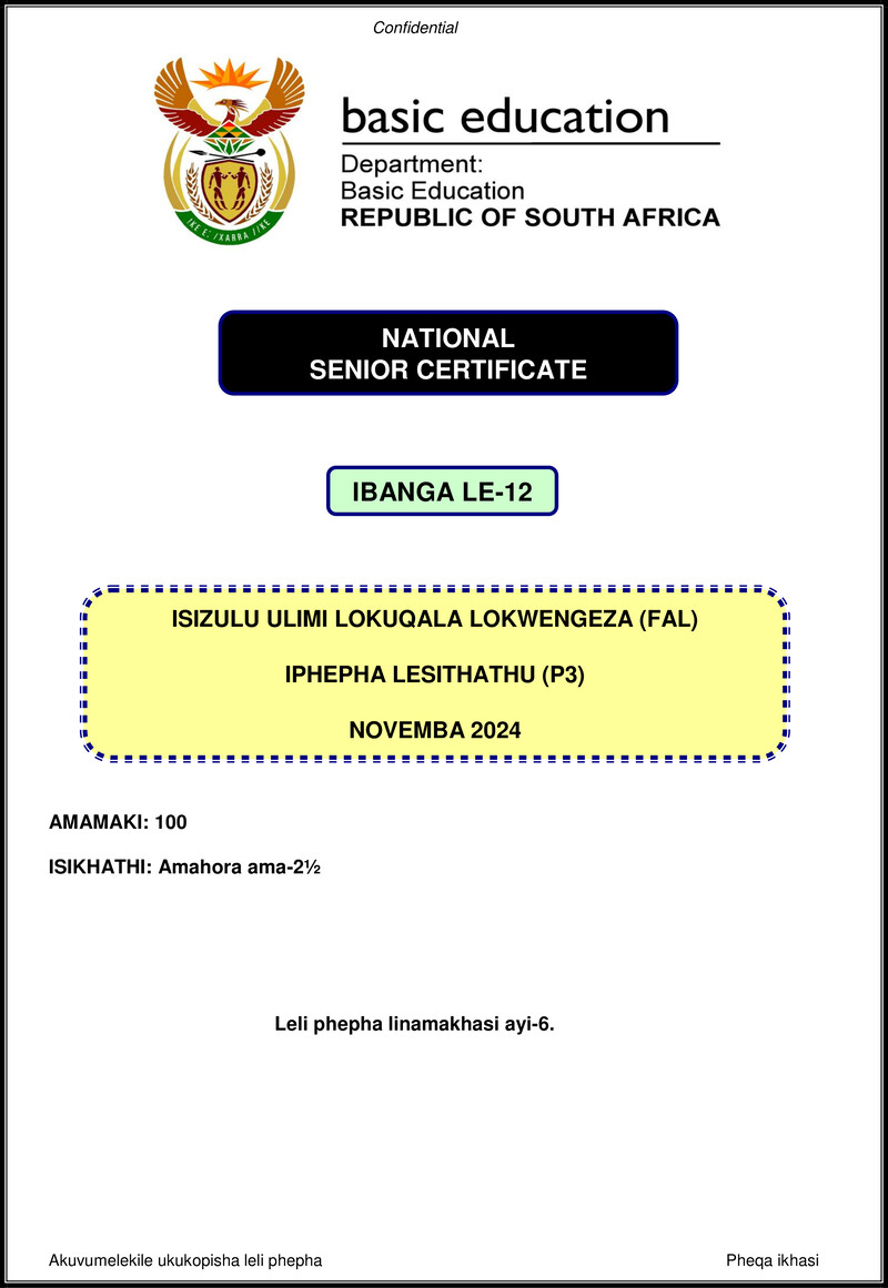 Grade 12 isiZulu past paper 2024 – isizulu fal p3 nov 2024 gr12