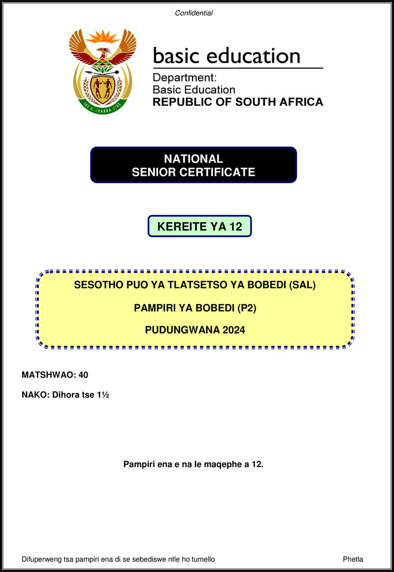 Grade 12 Sesotho past paper 2024 – sesotho sal p2 nov 2024 gr12