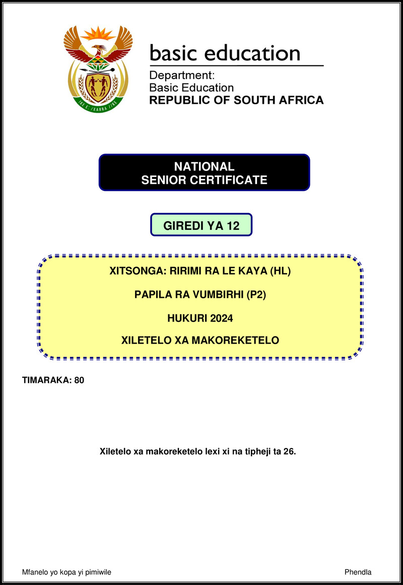 Grade 12 Xitsonga past paper 2024 – xitsonga hl p2 nov 2024 mg gr12