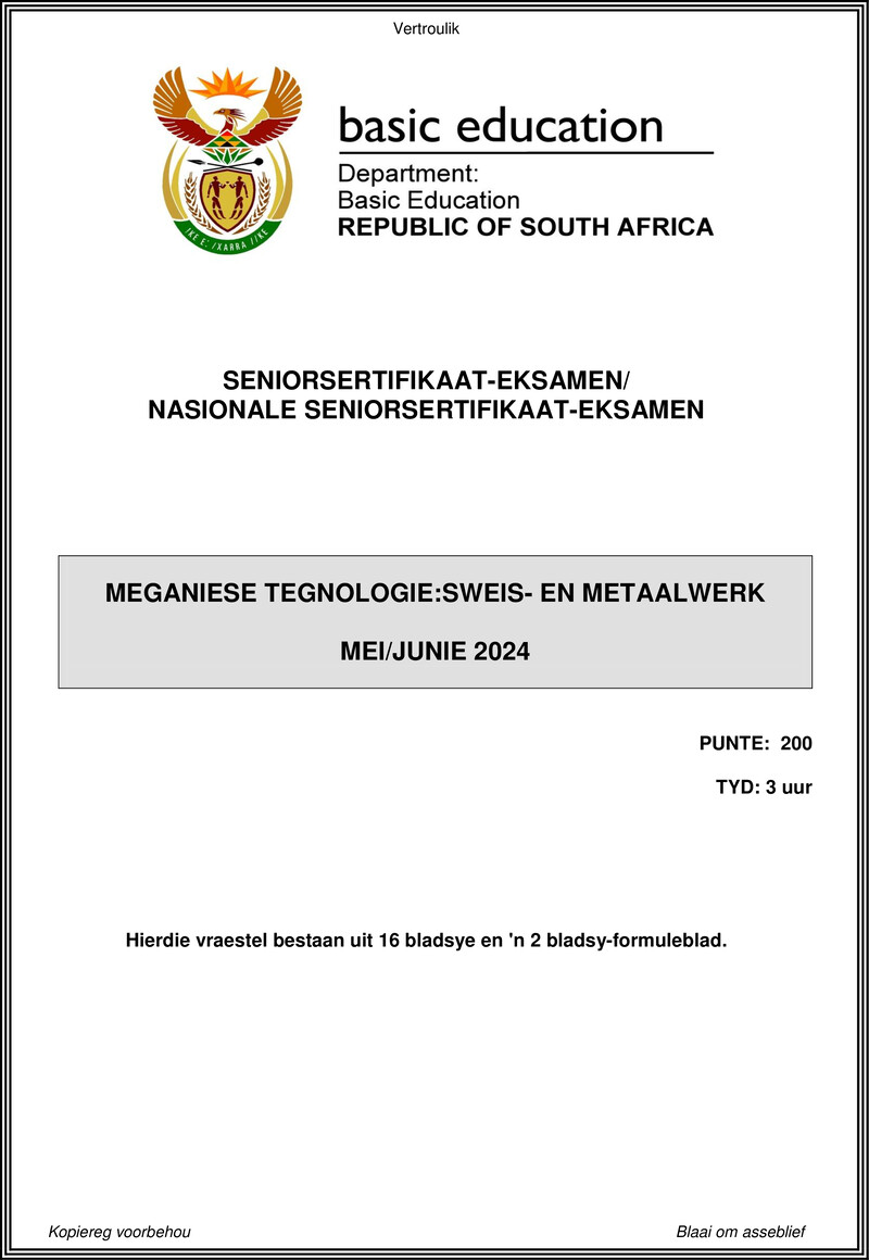 Grade 12 Mechanical Technology past paper 2024 – mechanical technology may june 2024 welding and metalwork afr gr12