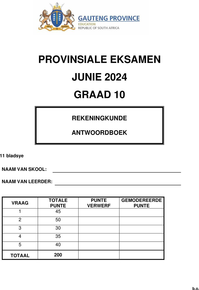 Grade 10 Provincial Exam Accounting Afr June 2024 Answer Book 1