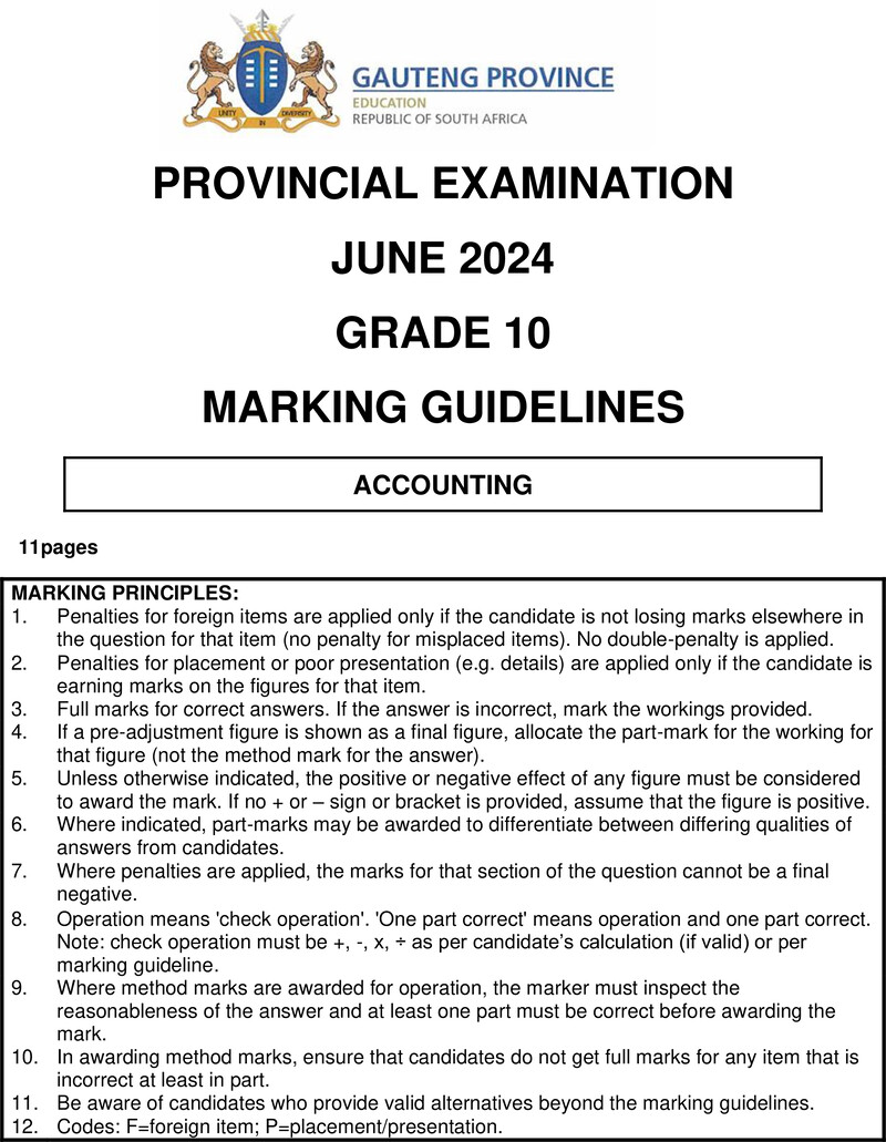 Grade 10 Provincial Exam Accounting Ng June 2024 Possible Answers