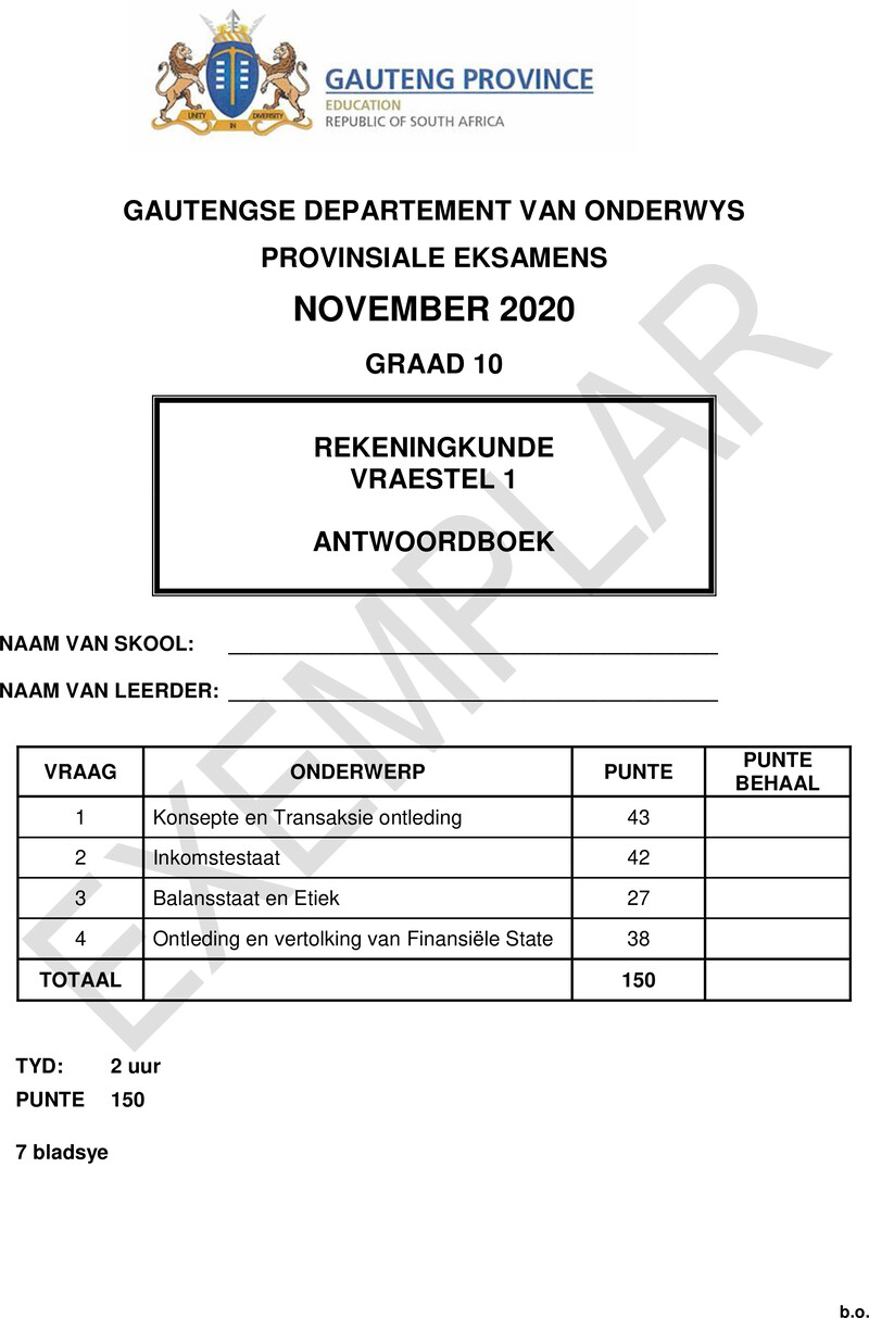 Grade 10 Provincial Exam Accounting P1 Afr 2020 Exemplars Answer Book
