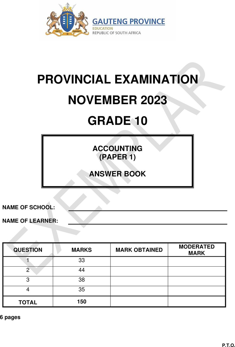 Grade 10 Provincial Exam Accounting P1 Ng November 2023 Answer Book