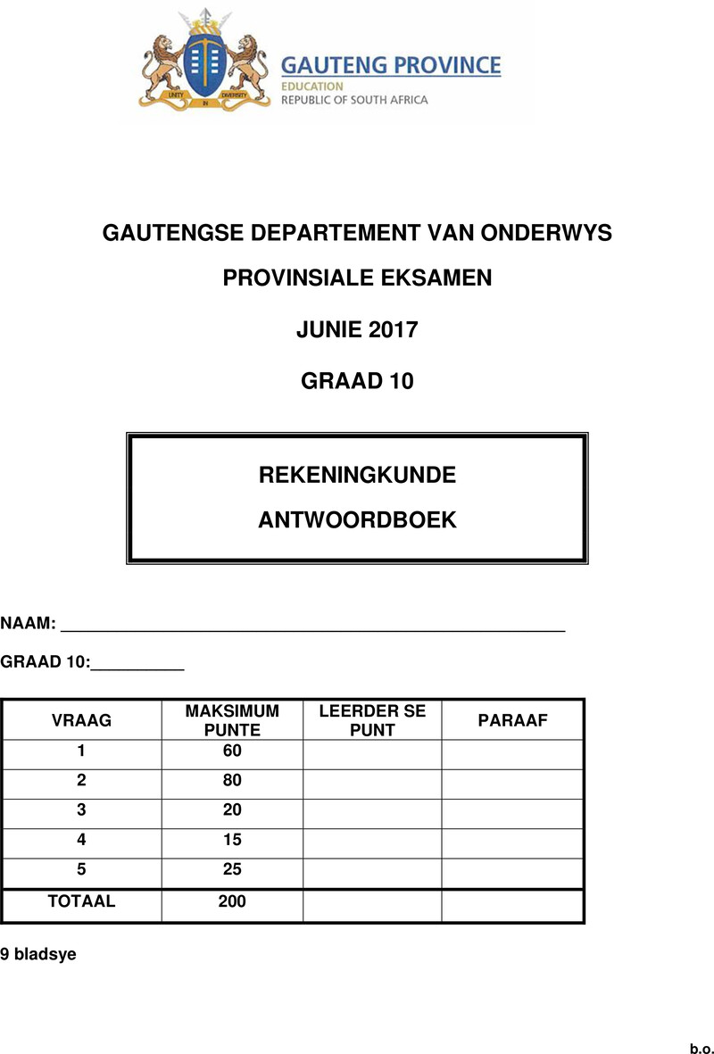Grade 10 Provincial Exam Accounting Afr June 2017 Answer Book