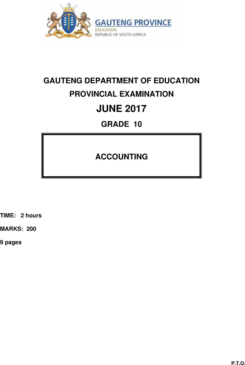 Grade 10 Provincial Exam Accounting Ng June 2017 QP